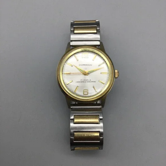 Vintage Dominion Mens Watch 34mm Silver Dial Manual 17 Jewels Two Tone Bracelet - Picture 6 of 14
